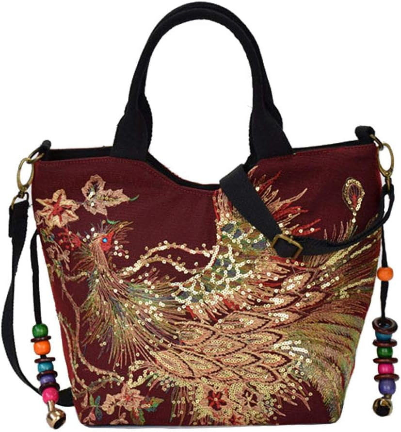 Canavas Shoulder Handbags for Women,Ladies Ethnic Travel Bohemian Bags Tote with Bling Sequins Phoenix Embroidered