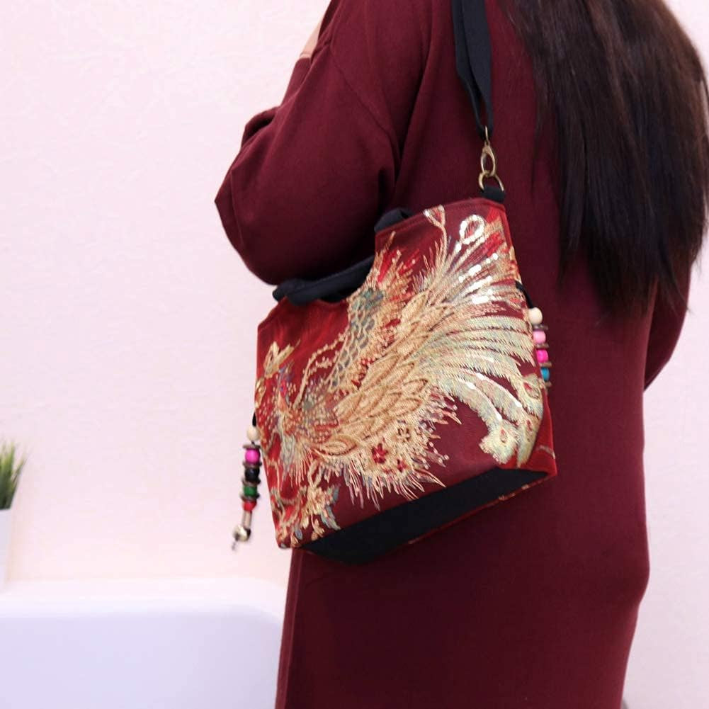 Canavas Shoulder Handbags for Women,Ladies Ethnic Travel Bohemian Bags Tote with Bling Sequins Phoenix Embroidered